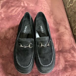 Vaneli Suede Loafers with silver buckle